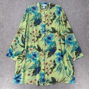 SUSAN GRAVER Tunic Top Chiffon Crinkle Semi Sheer Long Sleeve‎ 2X Green Blouse